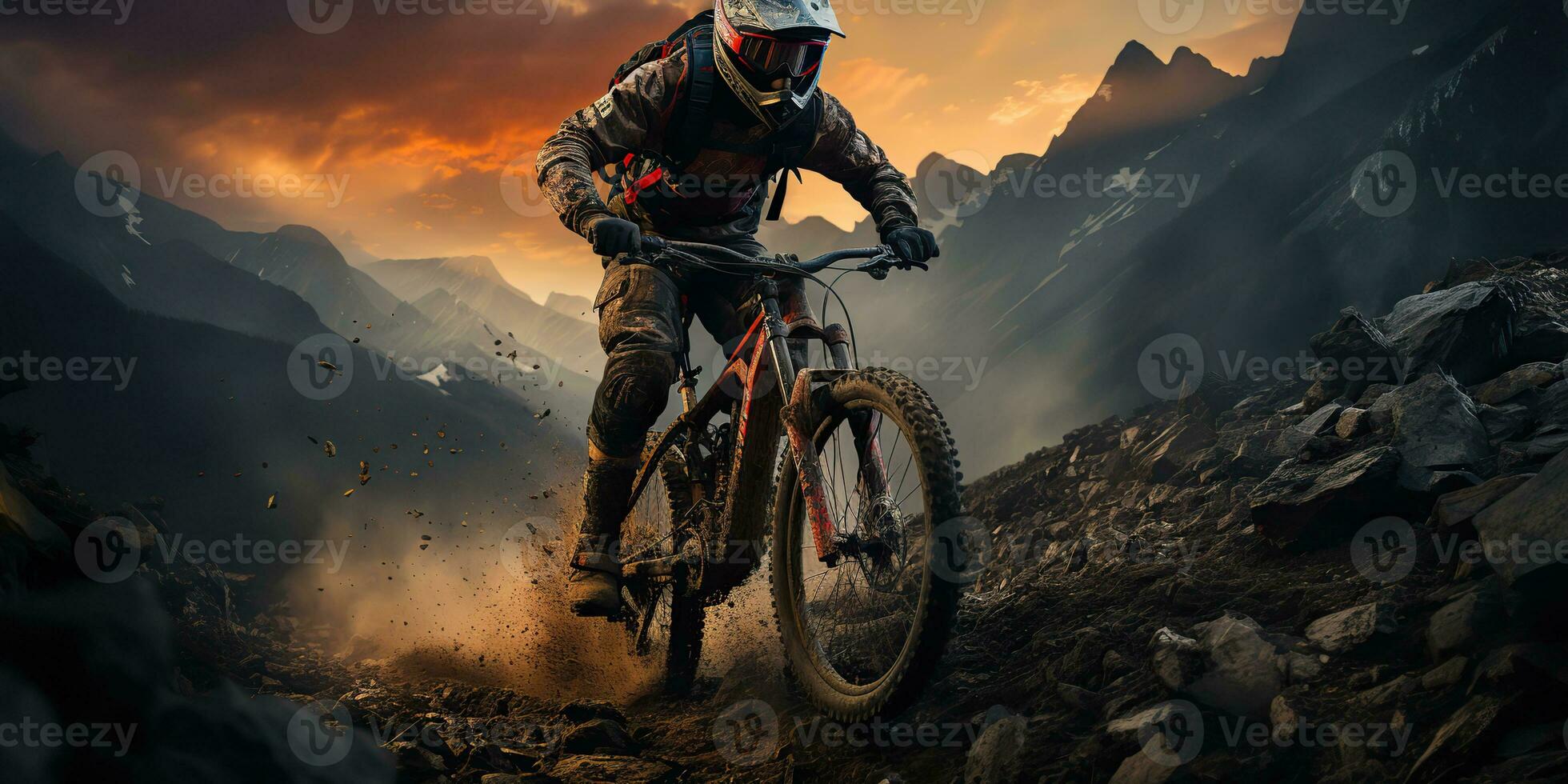 ai generato. ai generativo. montagna sport attivo estremo bicicletta mtb con protezione uomo. avventura viaggio ispirazione. grafico arte foto