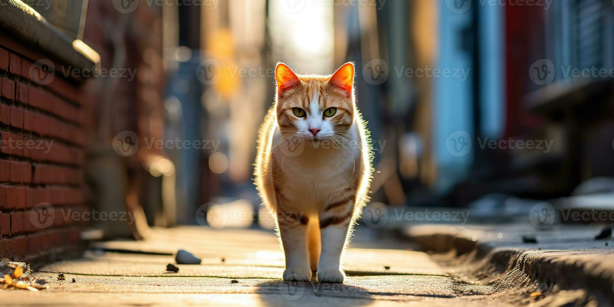 ai generato. ai generativo. uno solitario gatto animale domestico a piedi strada città urbano sfondo. grafico arte foto