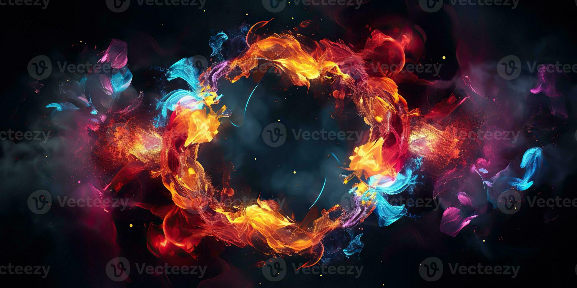 ai generato. ai generativo. il giro cerchio neon raggiante colore Fumo mistico elemento. grafico arte foto