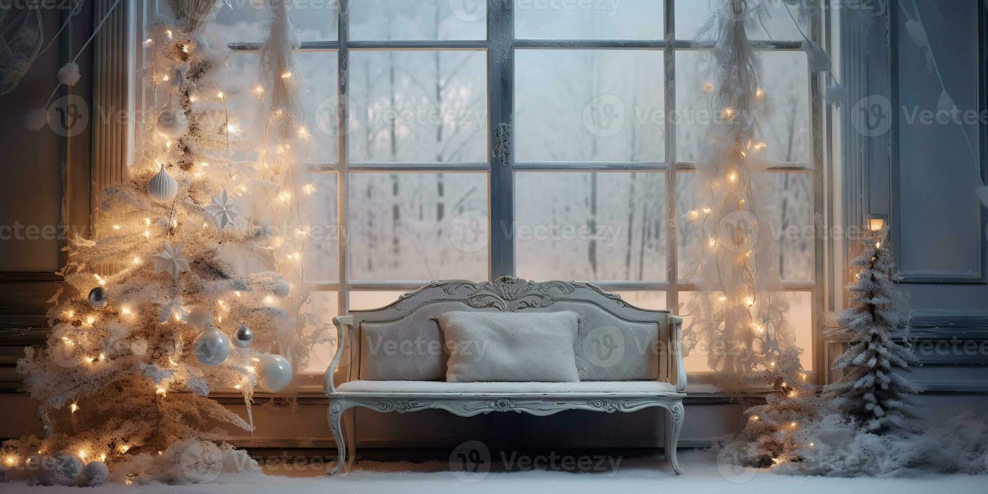 ai generato. ai generativo. nuovo anno natale allegro Natale all'aperto casa Casa decorazione finestra davanti celebrare neve inverno dicembre stagione. grafico arte foto