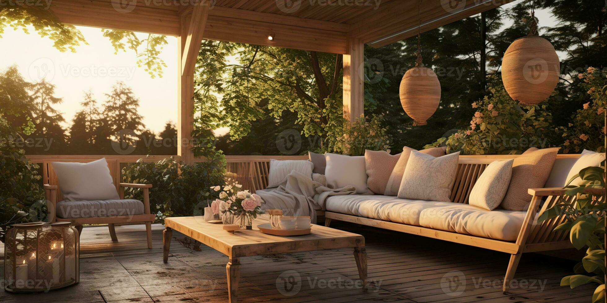 ai generato. ai generativo. Vintage ▾ retrò moderno scandinavo stile veranda veranda divano con tavolo seduta rilassare posto con molti fiori e impianti. grafico arte foto