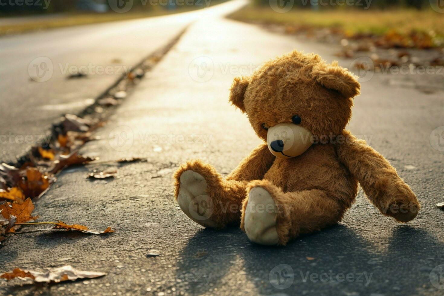 perso orsacchiotto orso, un' desolato vista, attende suo proprietario su il strada ai generato foto