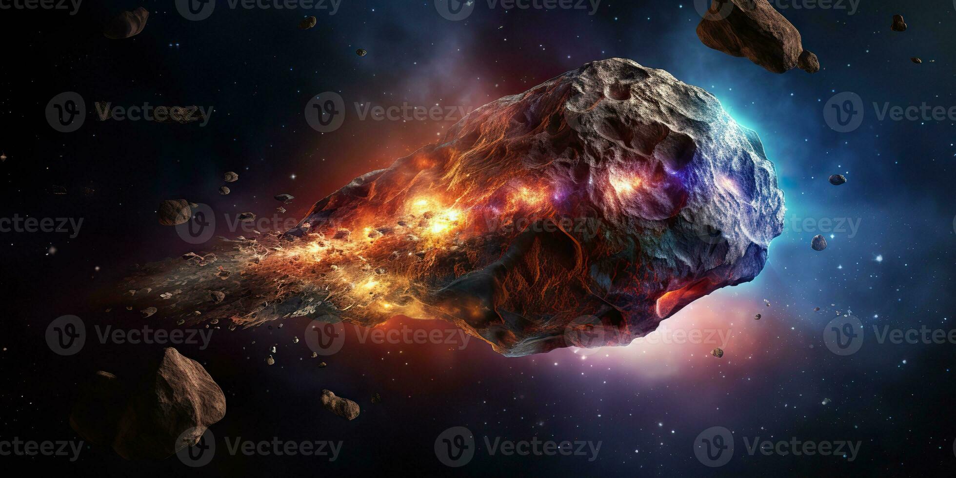 ai generato. ai generativo. galassia esterno spazio volante asteroide universo galassia Pericolo catastrofe. grafico arte foto