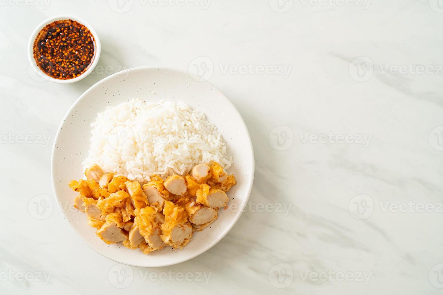 pollo fritto ricoperto di riso con salsa piccante foto
