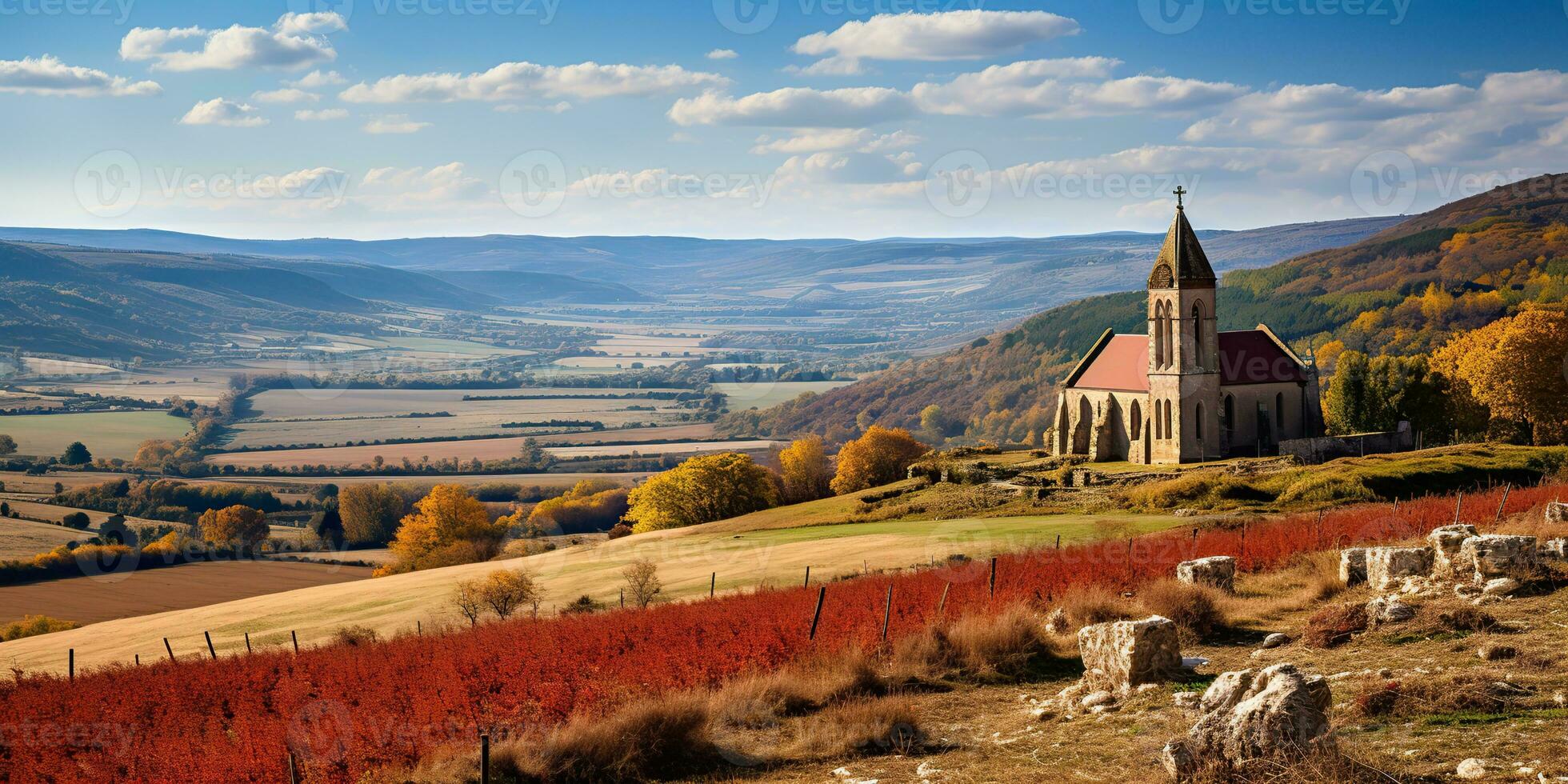 ai generato. ai generativo. bellissimo natura all'aperto paesaggio con Chiesa su un' collina campo prato sfondo. grafico arte foto