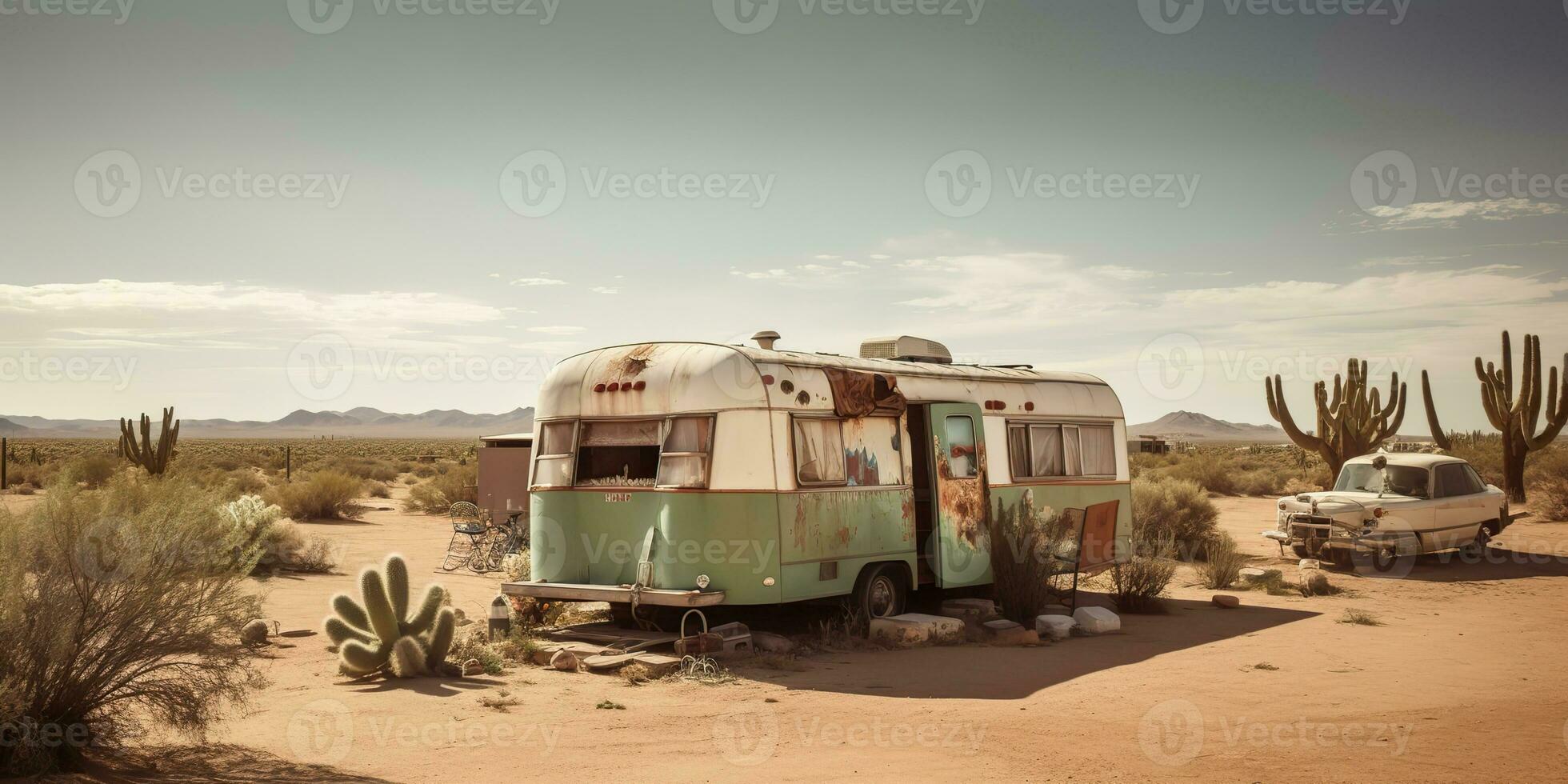 ai generato. ai generativo. vecchio metallo rustico abbandonato Vintage ▾ camper rv auto Casa nel deserto. avventura sfondo stile di vita. grafico arte foto