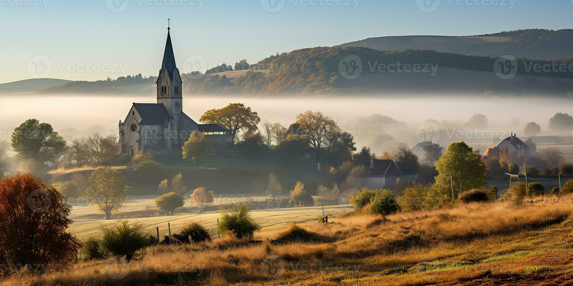 ai generato. ai generativo. bellissimo natura all'aperto paesaggio con Chiesa su un' collina campo prato sfondo. grafico arte foto