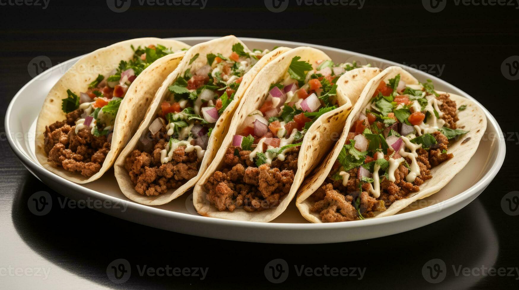 autentico messicano prima colazione tacos su vivace ceramica piatto isolato su un' bianca sfondo foto