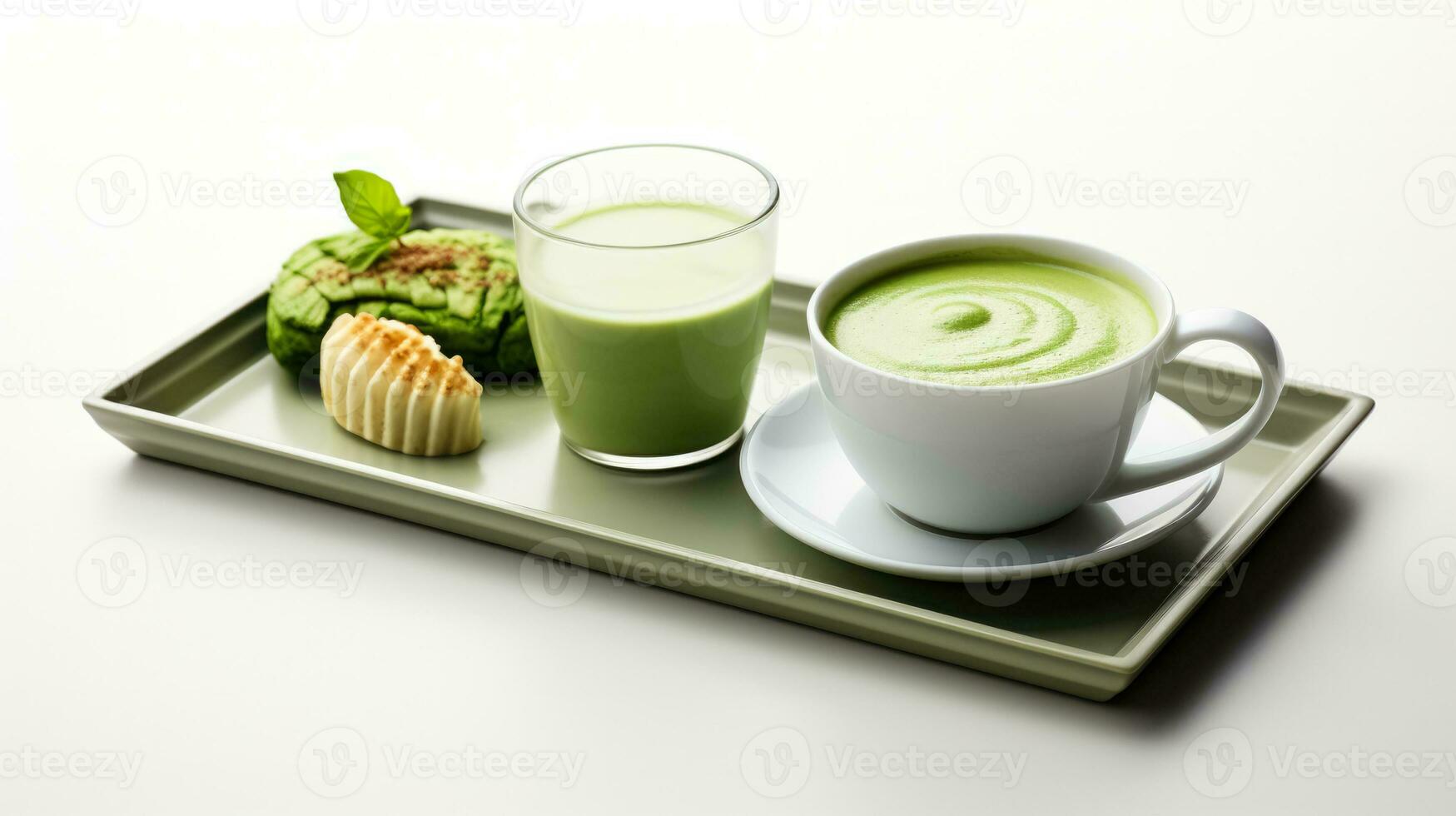 matcha latte macchiato e giapponese prima colazione bento su laccato vassoio isolato su un' bianca sfondo foto