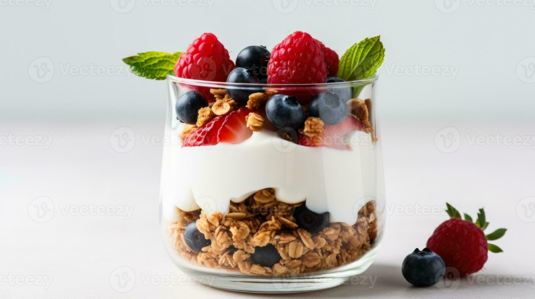 muesli greco Yogurt fresco frutta nel un' vaso isolato su un' bianca sfondo foto