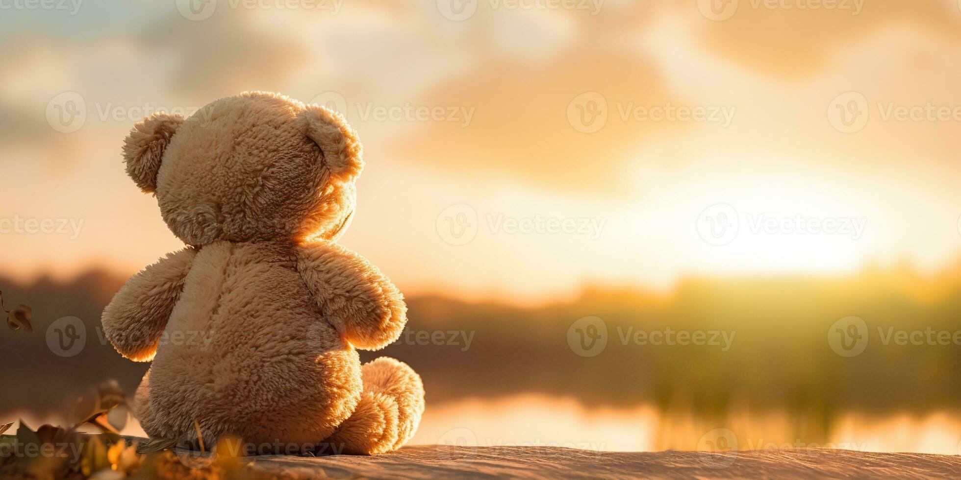 ai generato. ai generativo. solo mancante uno giocattolo Bambola poco orso seduta guardare su tramonto sfondo paesaggio all'aperto. grafico arte foto