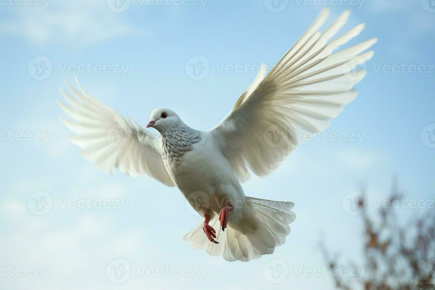 un' homing Piccione con bianca piume nel sereno medio aria volo ai generato foto