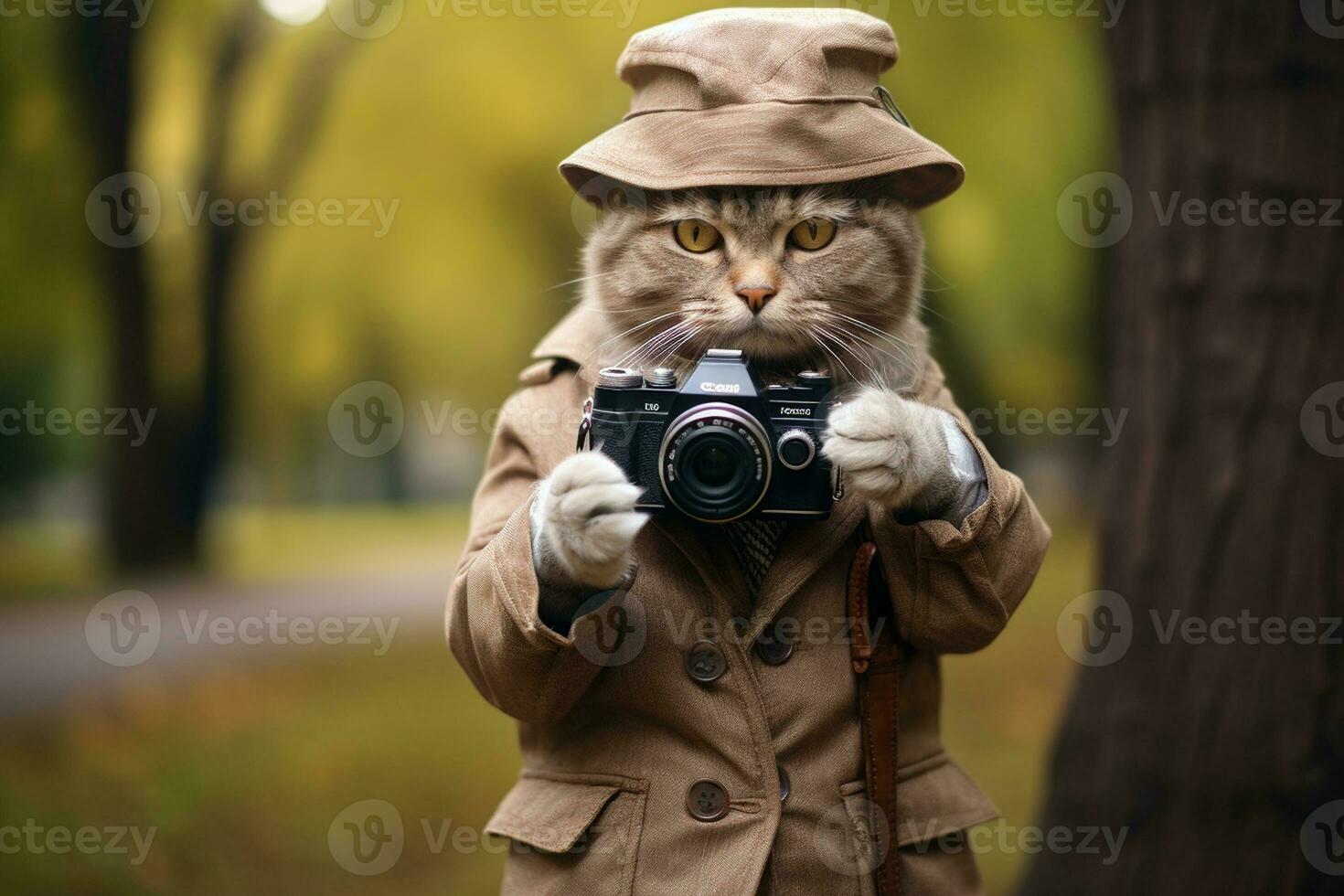 armato di fotocamera retrò gatti parco avventura. generativo di ai foto
