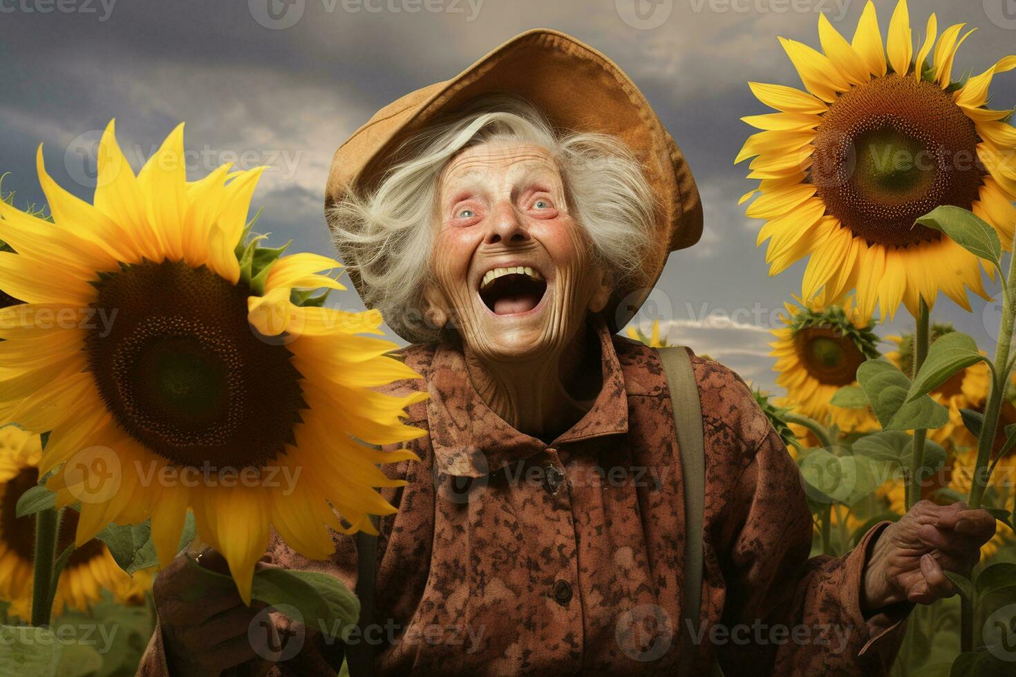 un' contento vecchio donna circondato di girasoli. generativo di ai foto