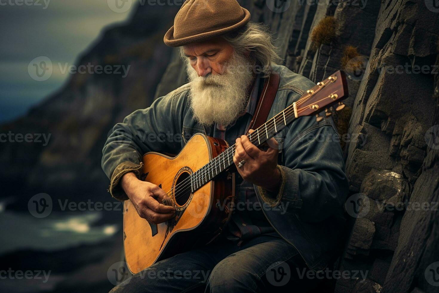 anziano del chitarrista panoramico prestazione. generativo di ai foto