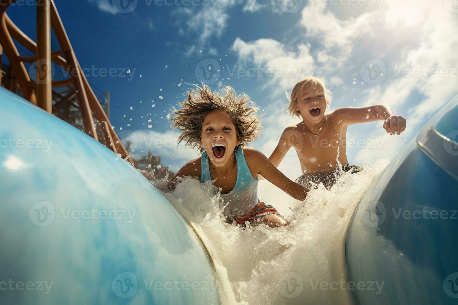 bambini godendo acqua diapositiva avventure. generativo di ai foto