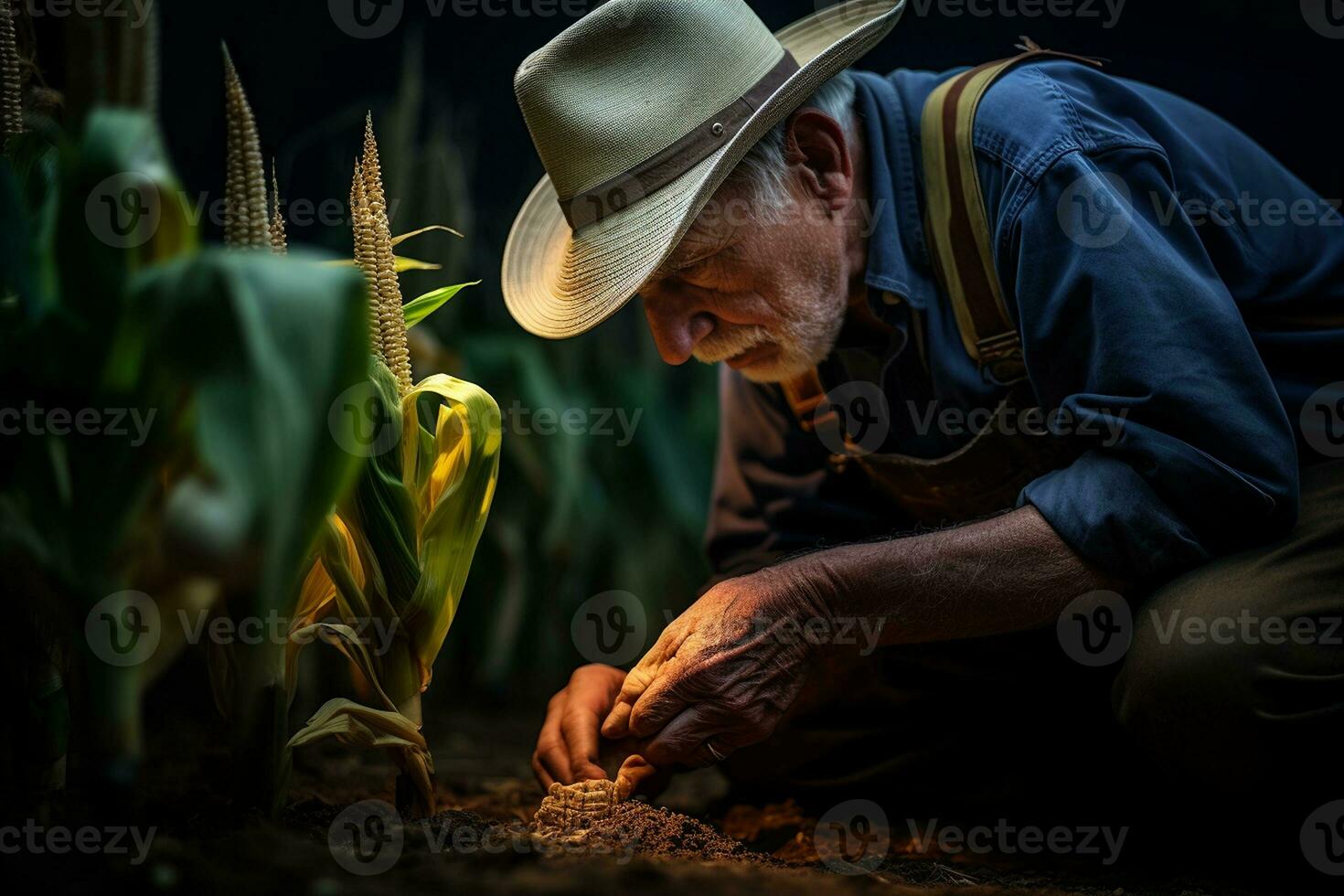 contadino ispeziona in crescita Mais germogli. generativo di ai foto