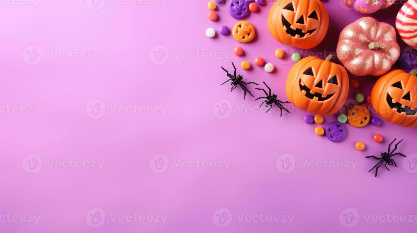 Halloween piatto posare composizione nel pastello colori con zucche, pipistrelli, ragni, ragnatela. ai generato foto