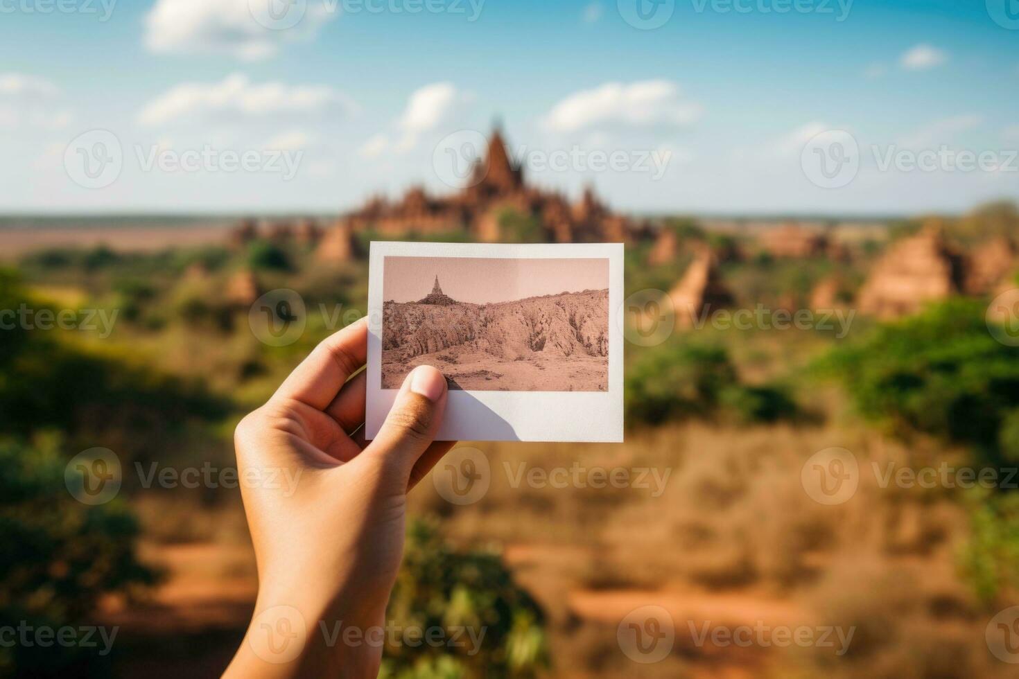 irriconoscibile turista detiene cartolina nel davanti di naturale paesaggio. ai generato foto