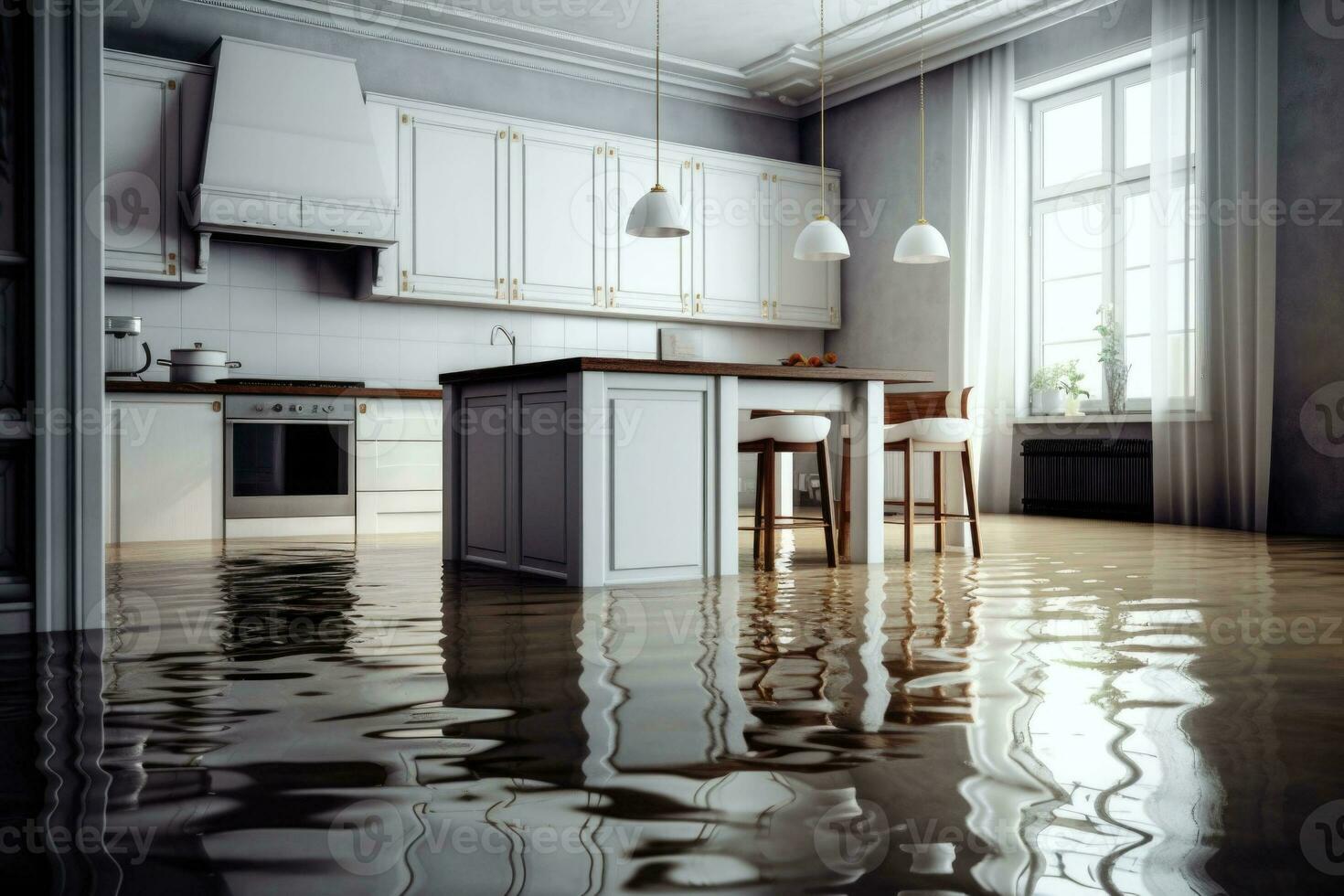 allagato pavimento nel cucina a partire dal acqua perdere. danno. proprietà assicurazione. generativo ai foto