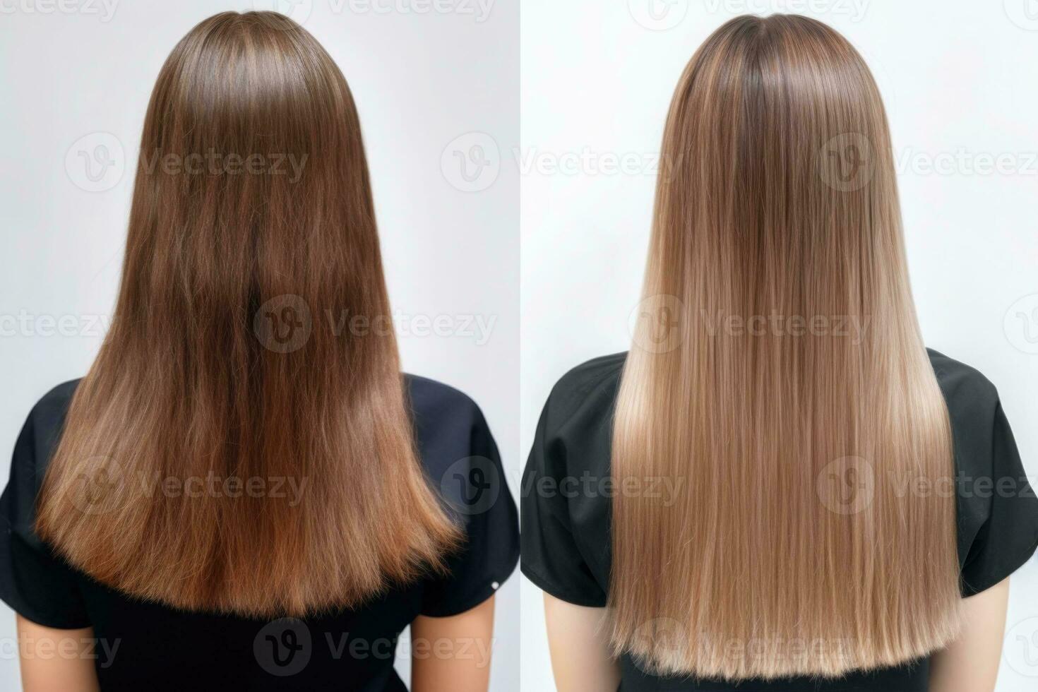 donna prima e dopo capelli trattamento. malato, tagliare e salutare capelli cura raddrizzamento. generativo ai foto