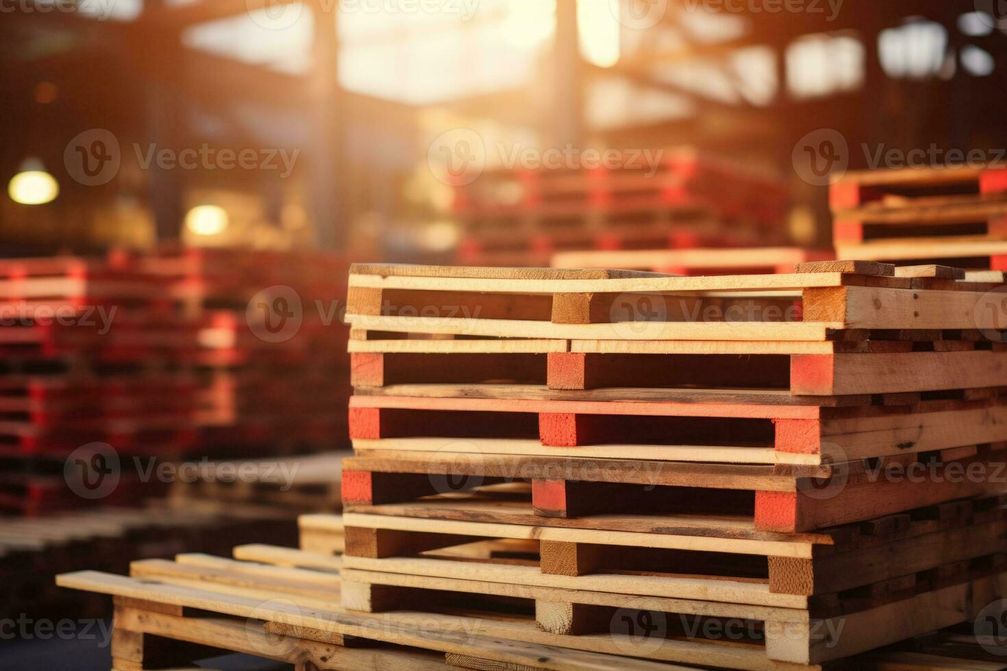 di legno pallet impilati nel un' magazzino su sfocato sfondo. generativo ai foto