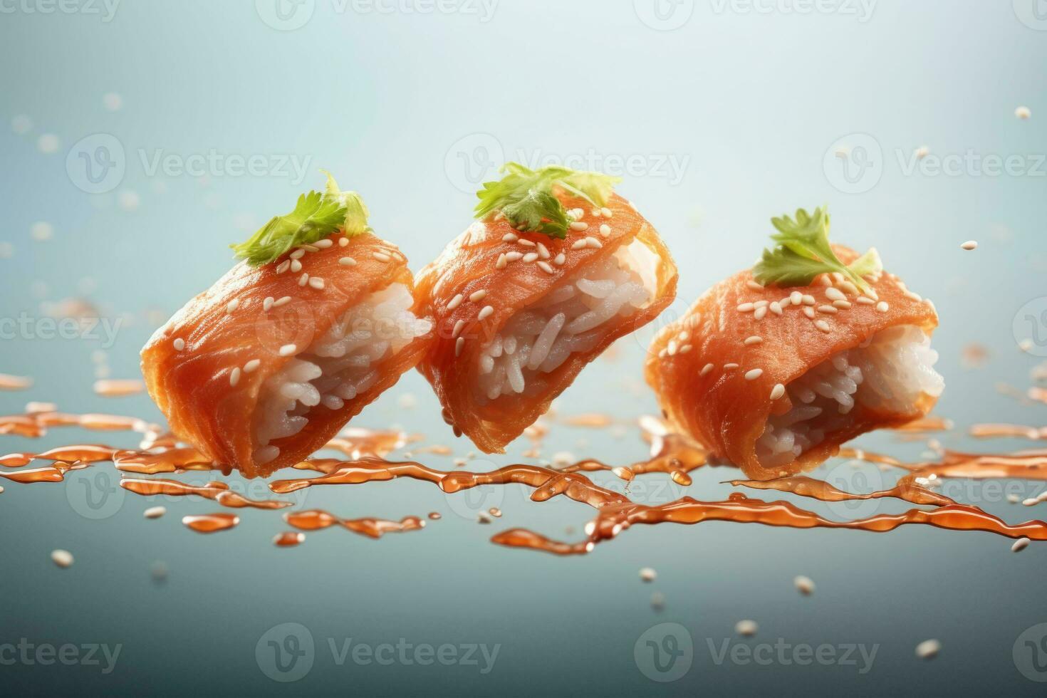 levitante Sushi e rotoli. volante Sushi pezzi. generativo ai foto