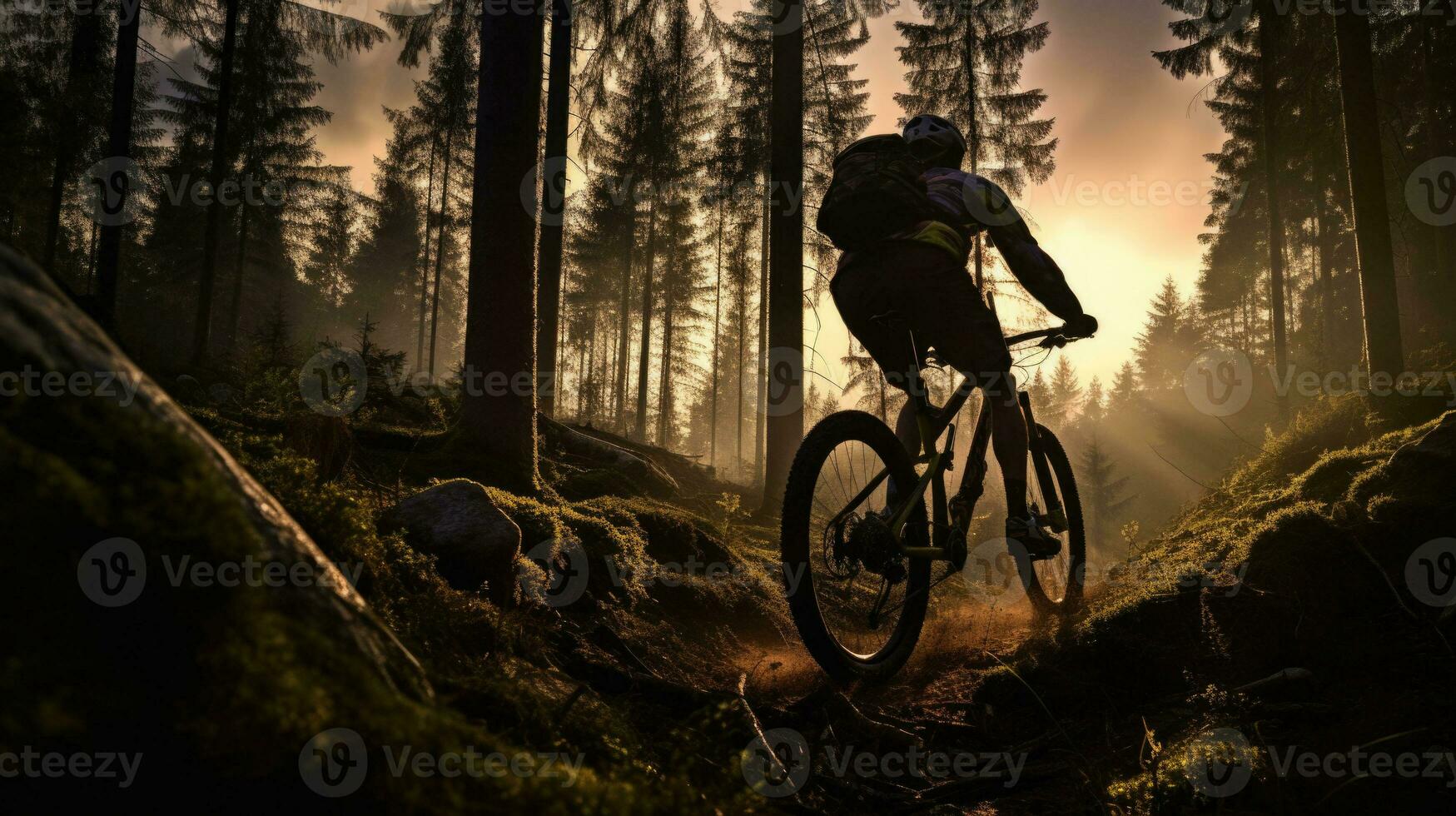 montagna motociclista su foresta pista nel il tramonto. generativo ai foto