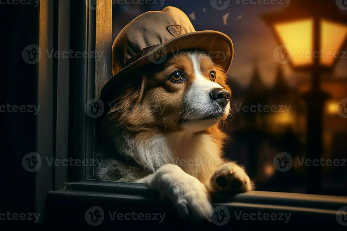 finestra lato, un' cane nel un' affascinante cappello orologi il mondo ai generato foto