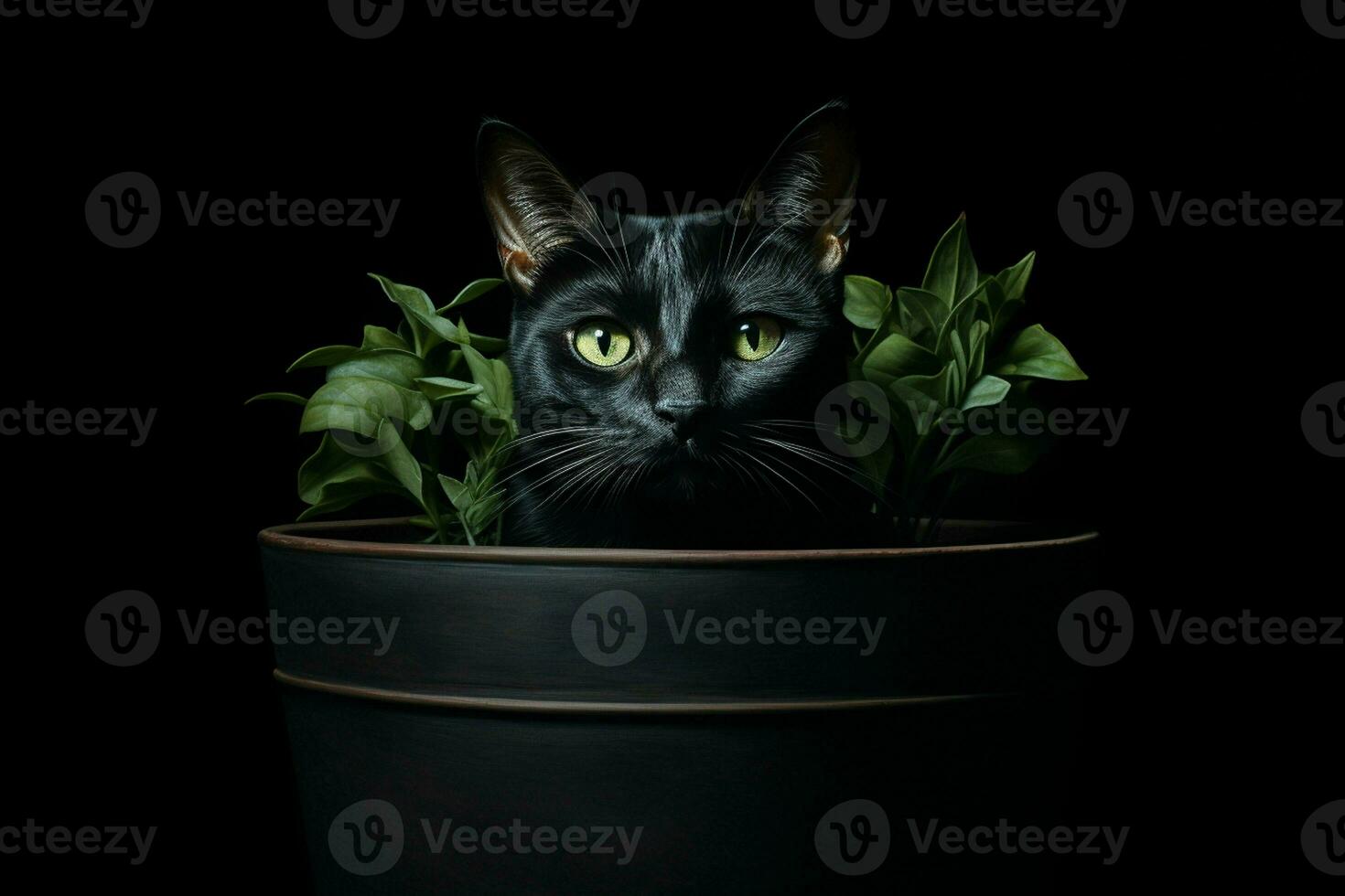 ritratto di un' carino gatto nel un' pentola su un' nero sfondo. ai generato professionista foto