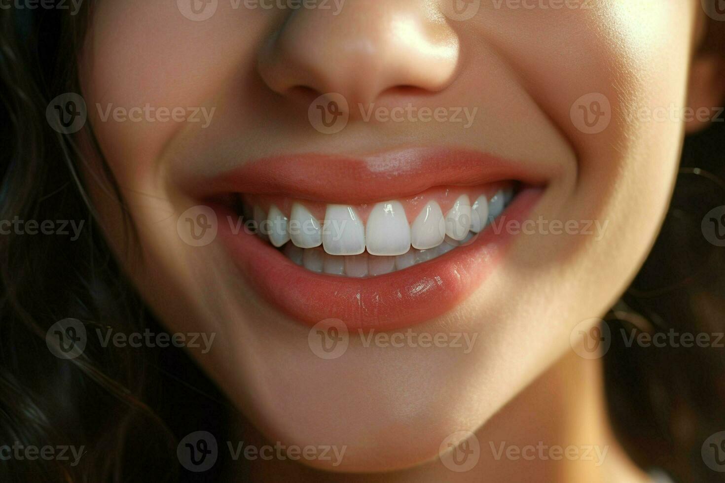 giovane donna con bellissimo salutare Sorridi, avvicinamento. dentale cura. ai generato professionista foto