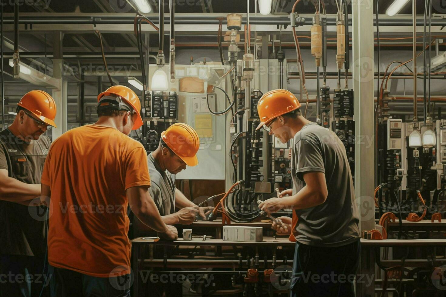 gruppo di abile lavoratori Lavorando insieme nel un elettrico installazione. ai generato professionista foto