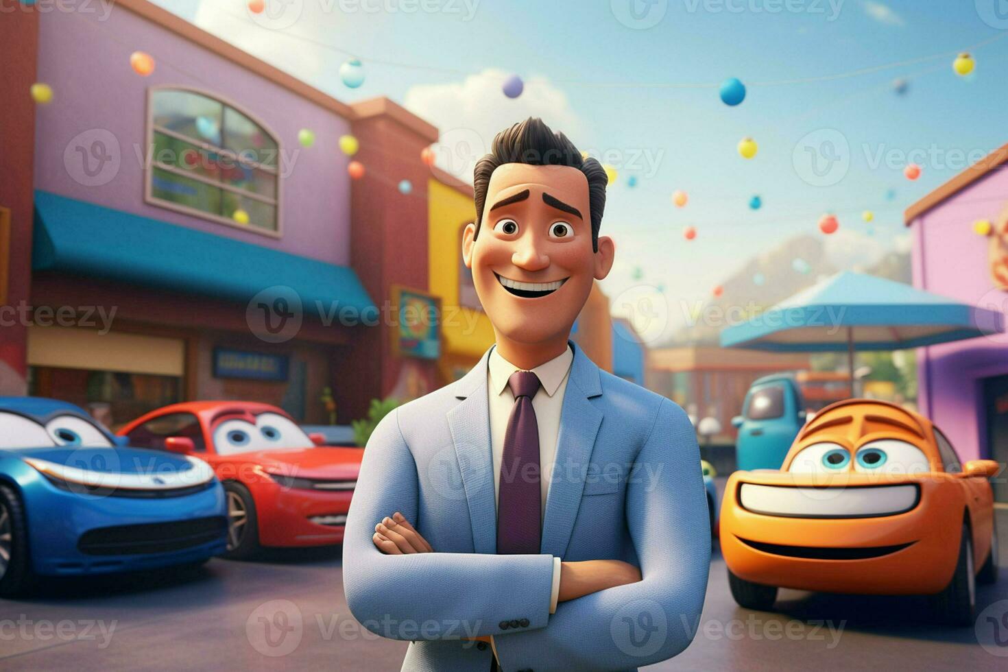 3d illustrazione di un' cartone animato uomo d'affari in piedi nel davanti di un' auto parco. ai generato professionista foto