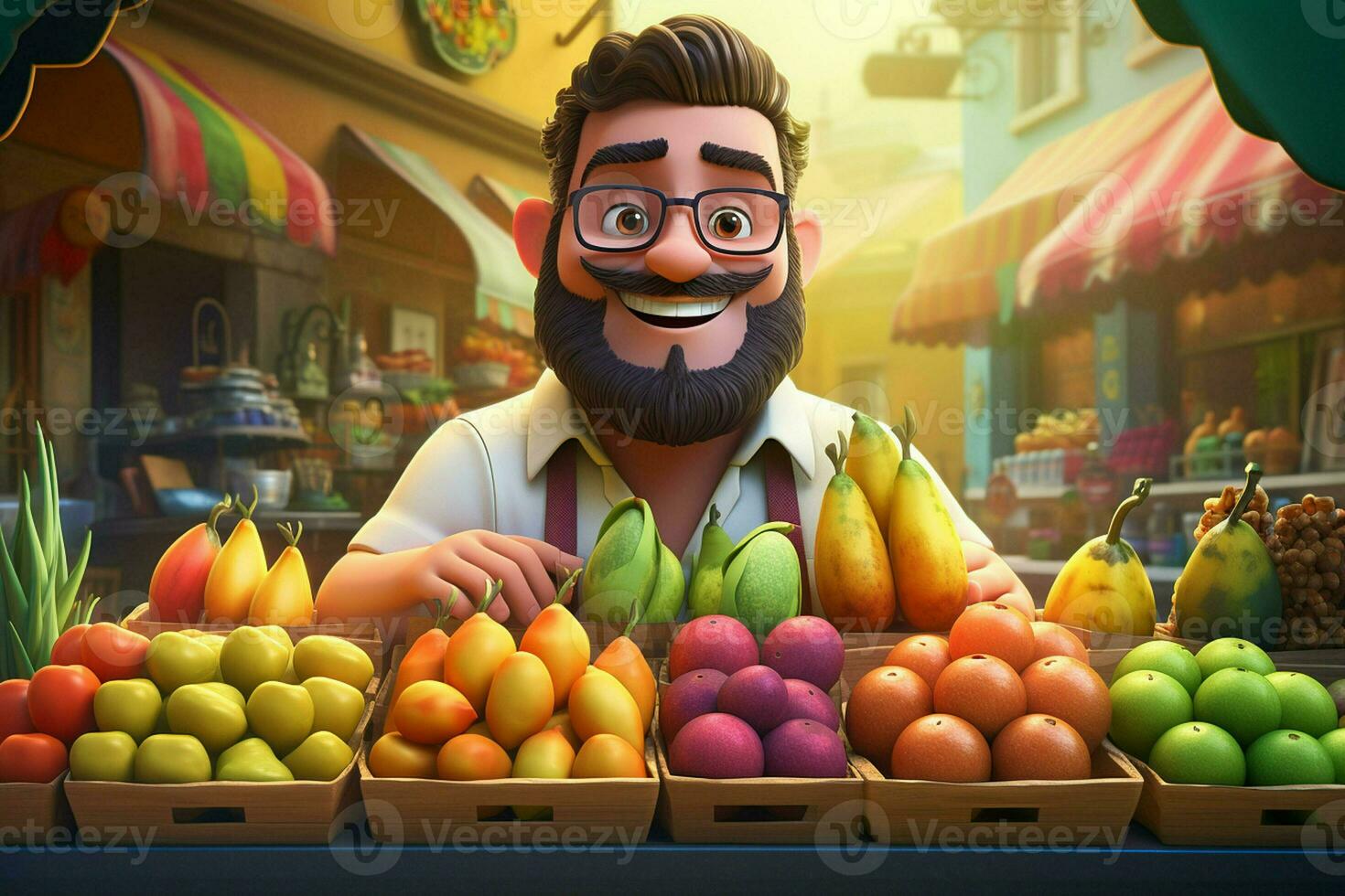 un' cartone animato personaggio nel un' drogheria memorizzare vendita frutta. ai generato professionista foto