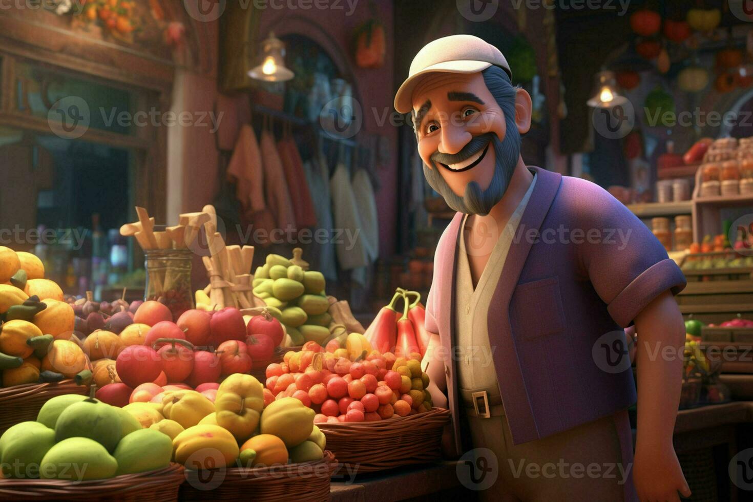 un' cartone animato personaggio nel un' drogheria memorizzare vendita frutta. ai generato professionista foto