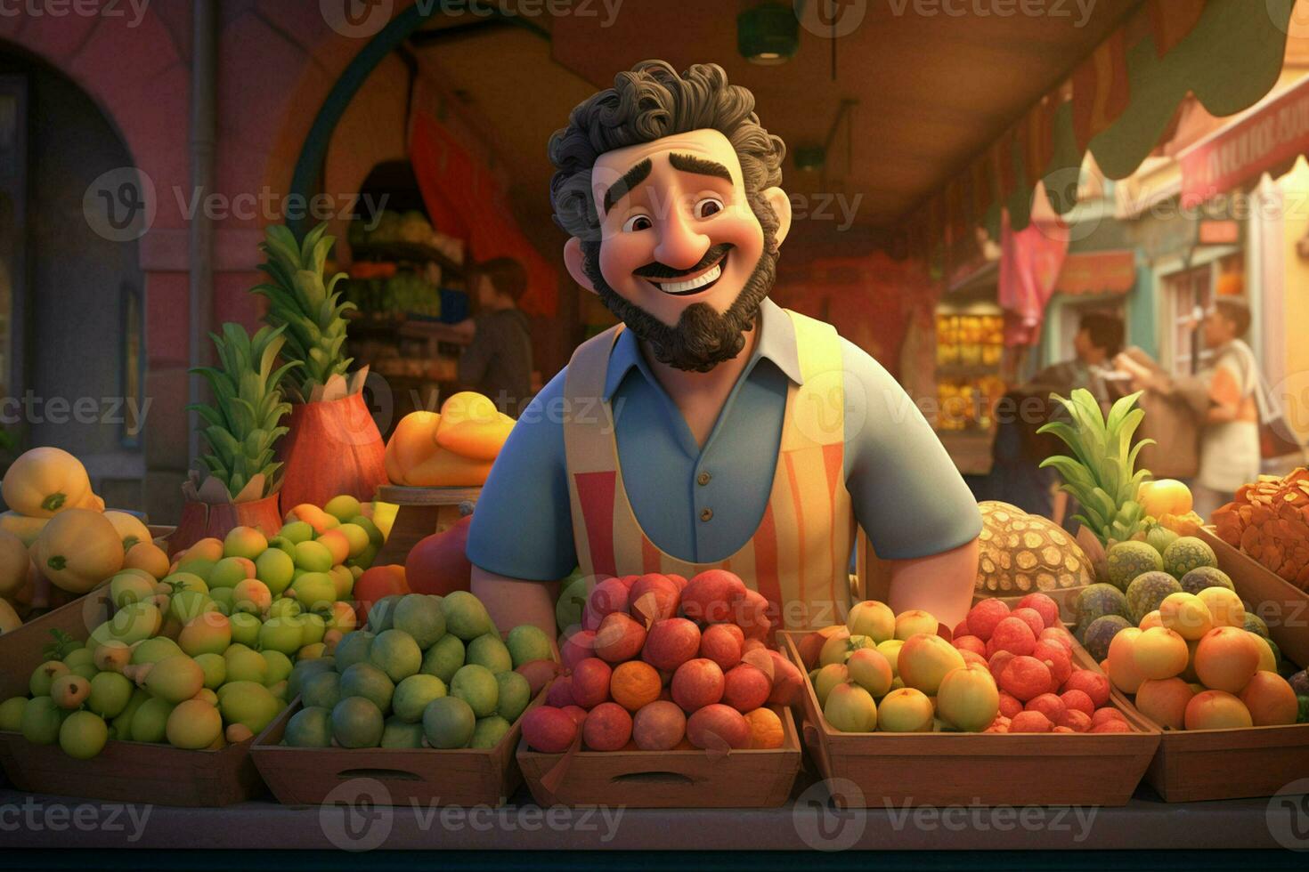 un' cartone animato personaggio nel un' drogheria memorizzare vendita frutta. ai generato professionista foto