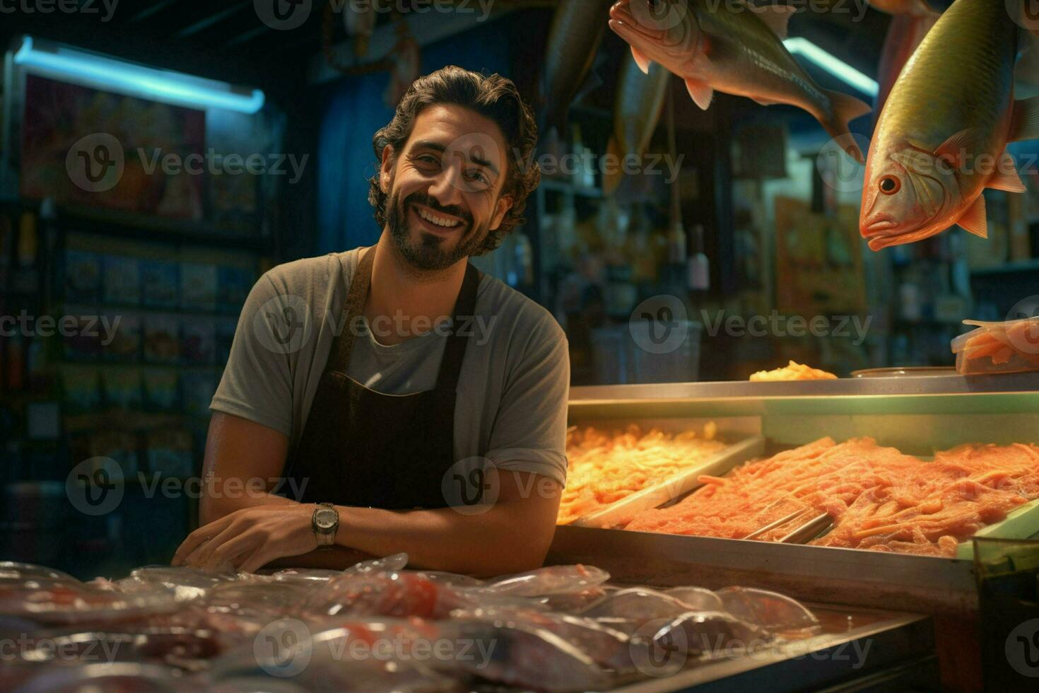 ritratto di un' sorridente di mezza età uomo vendita fresco pesce nel un' pesce negozio. ai generato foto