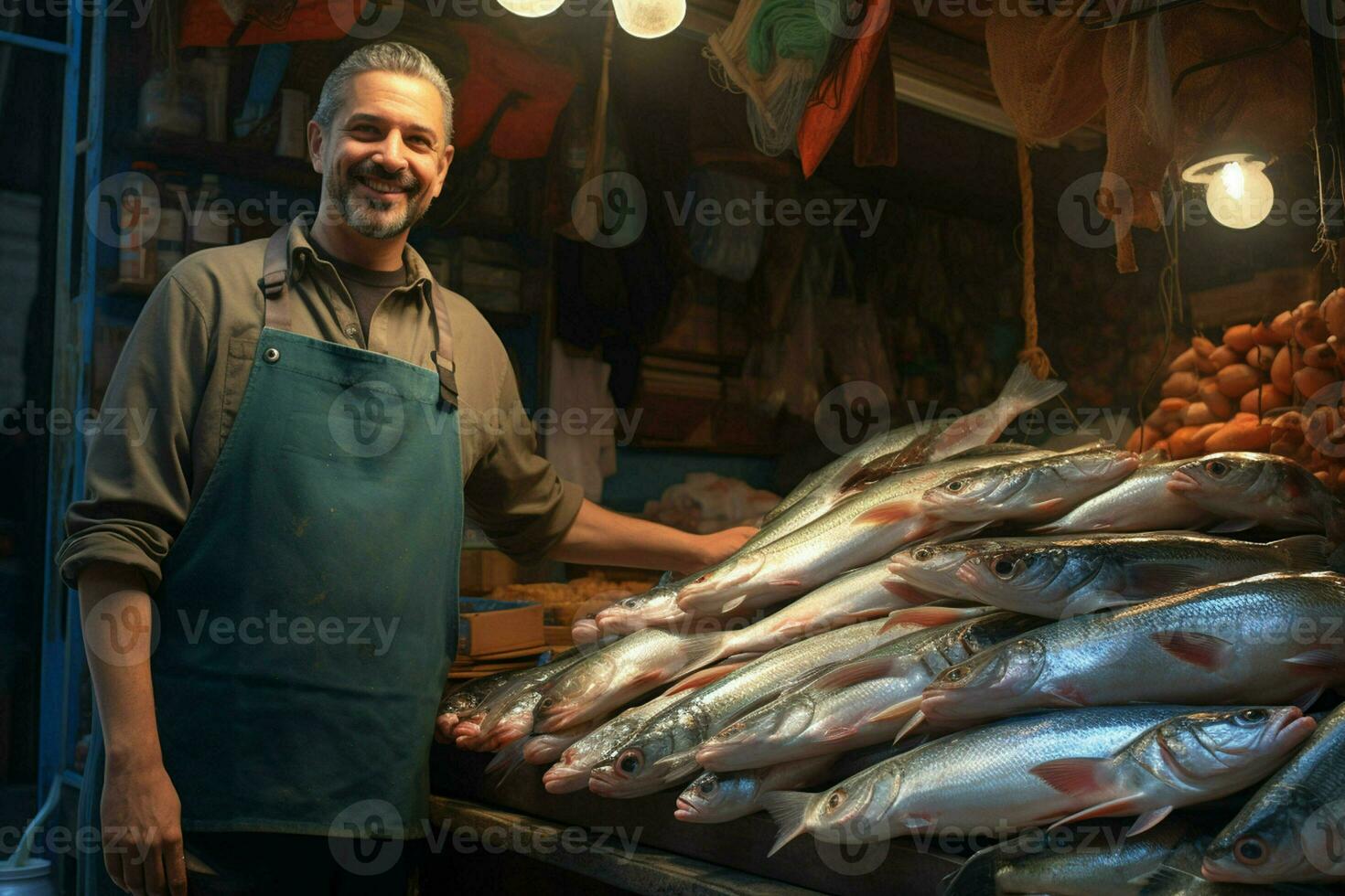 ritratto di un' sorridente di mezza età uomo vendita fresco pesce nel un' pesce negozio. ai generato foto