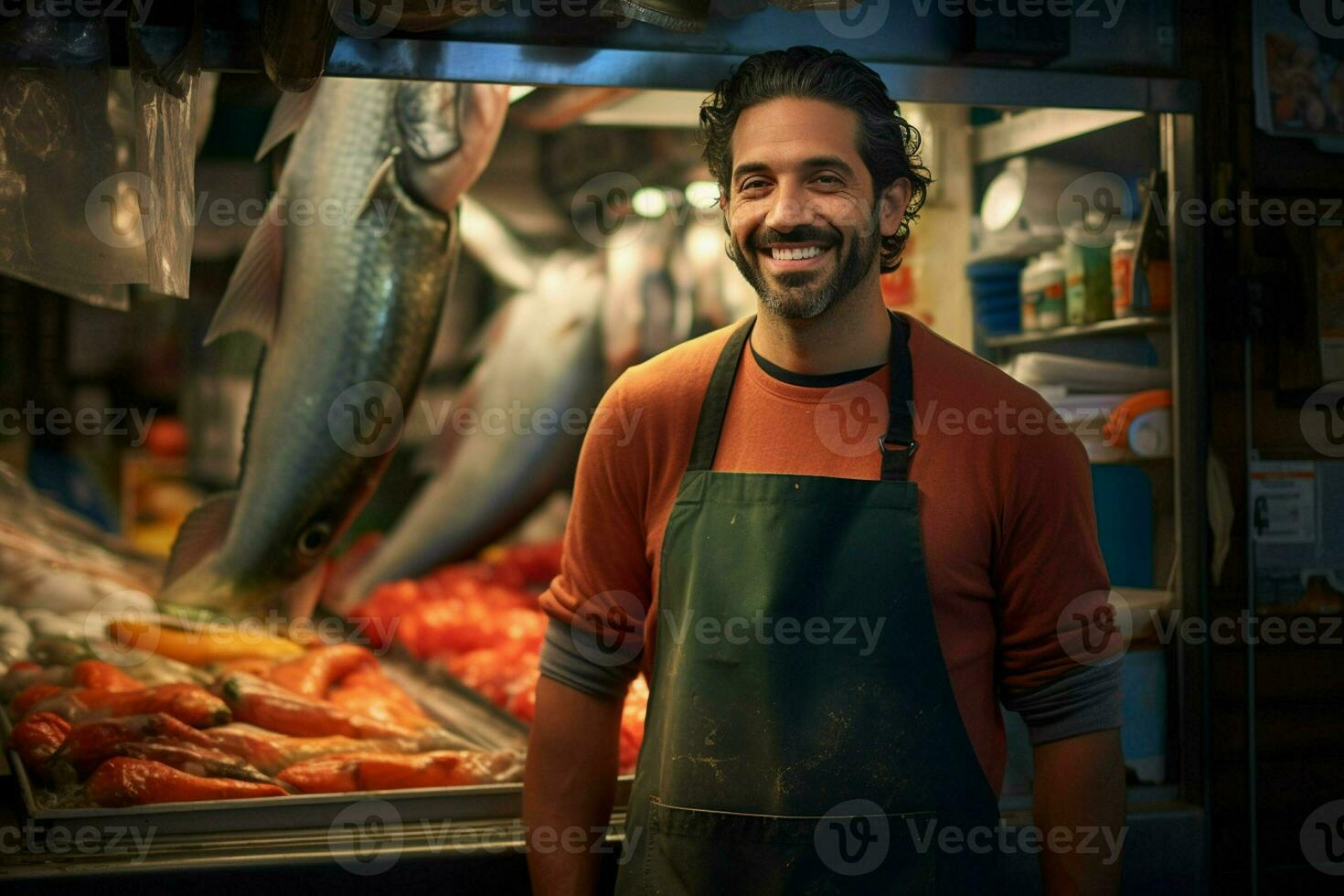 ritratto di un' sorridente di mezza età uomo vendita fresco pesce nel un' pesce negozio. ai generato foto