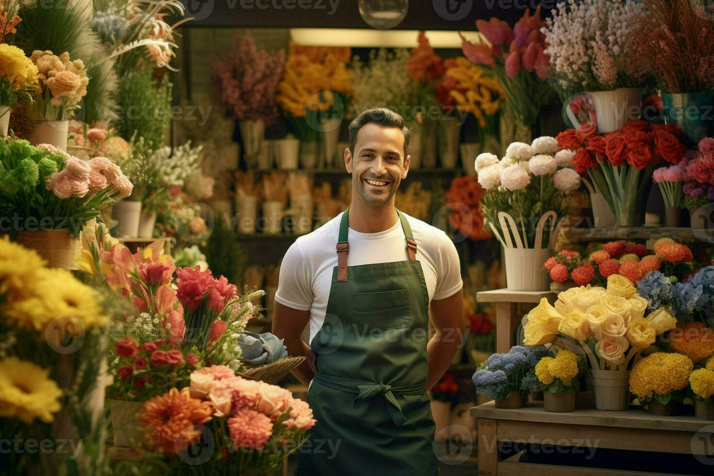 ritratto di un' sorridente maschio fioraio in piedi nel fiore negozio. ai generato professionista foto