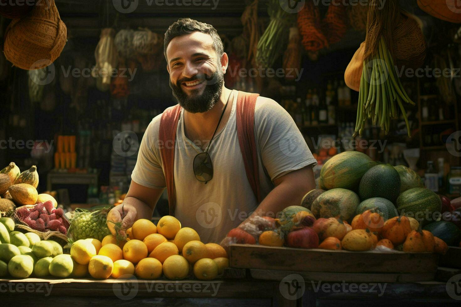 ritratto di un' sorridente uomo vendita frutta nel un' frutta negozio. ai generato professionista foto