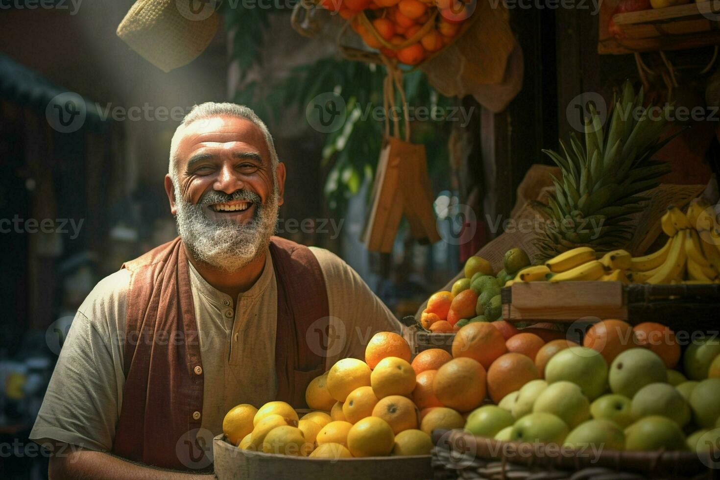 ritratto di un' sorridente uomo vendita frutta nel un' frutta negozio. ai generato professionista foto