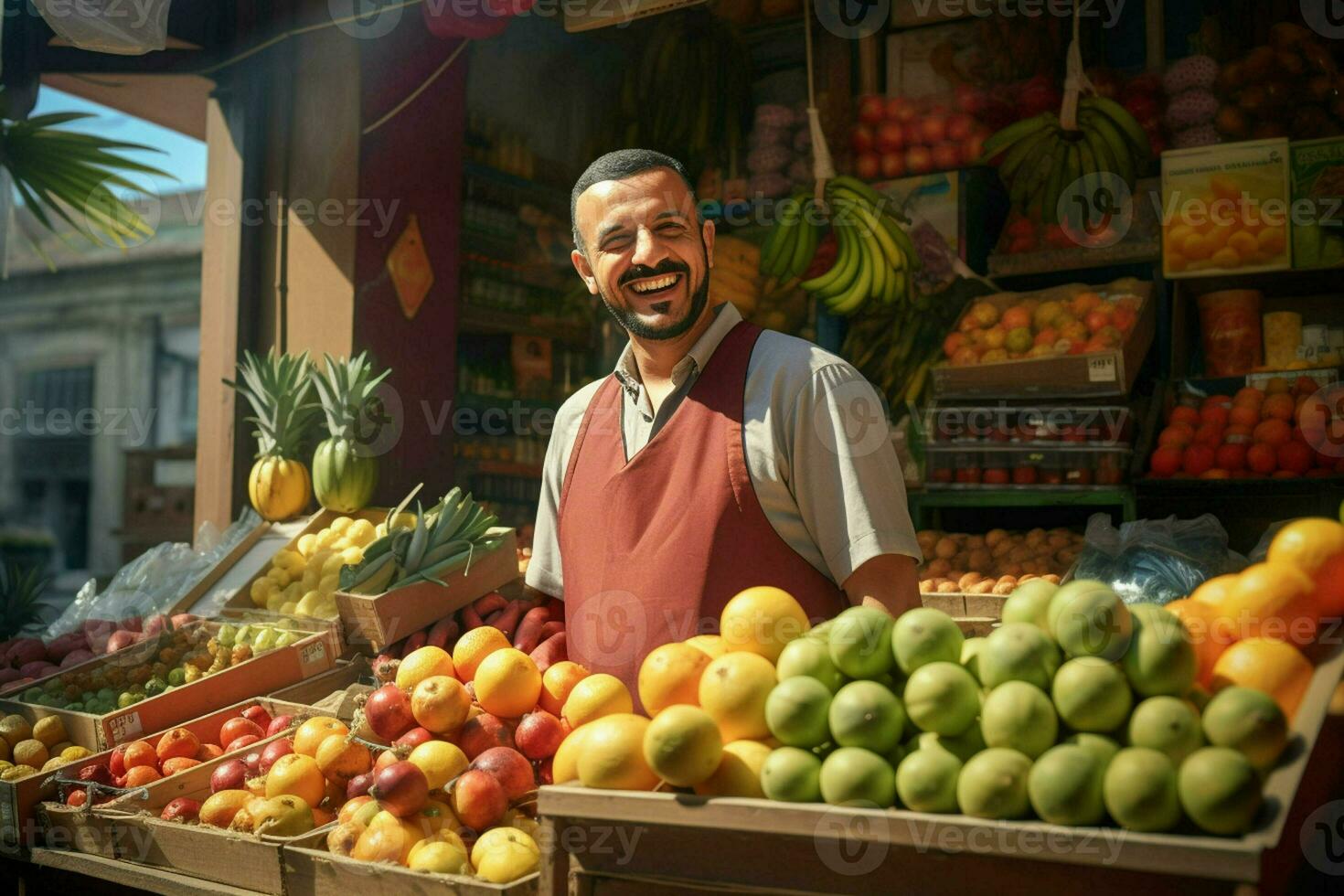 ritratto di un' sorridente uomo vendita frutta nel un' frutta negozio. ai generato professionista foto