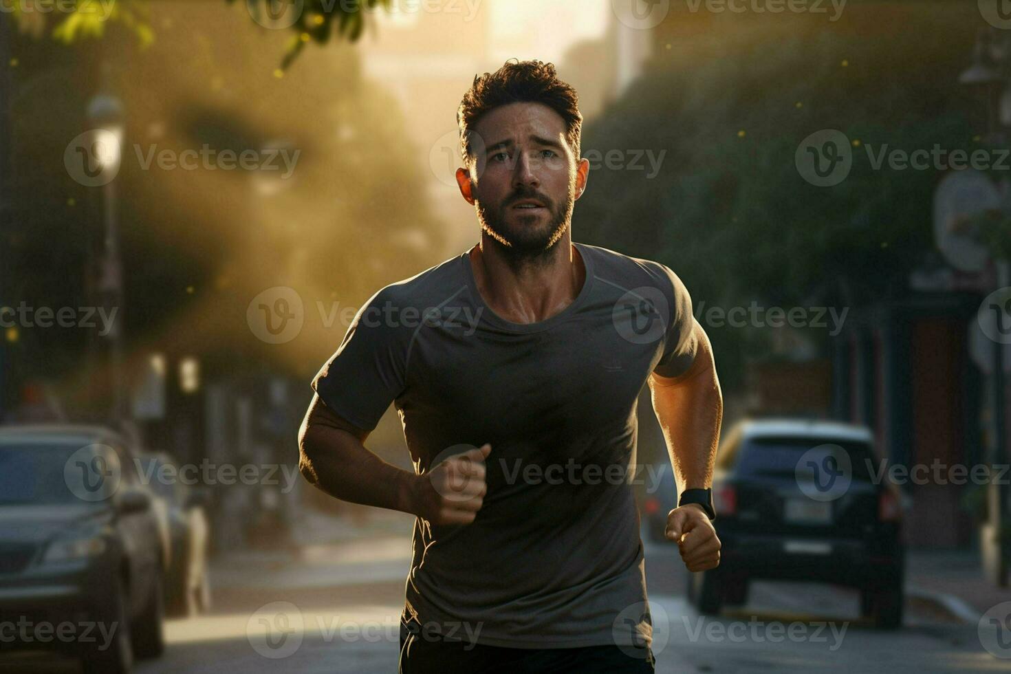 in esecuzione uomo jogging su città strada a Alba. sport fitness modello caucasico etnia formazione all'aperto. ai generato professionista foto