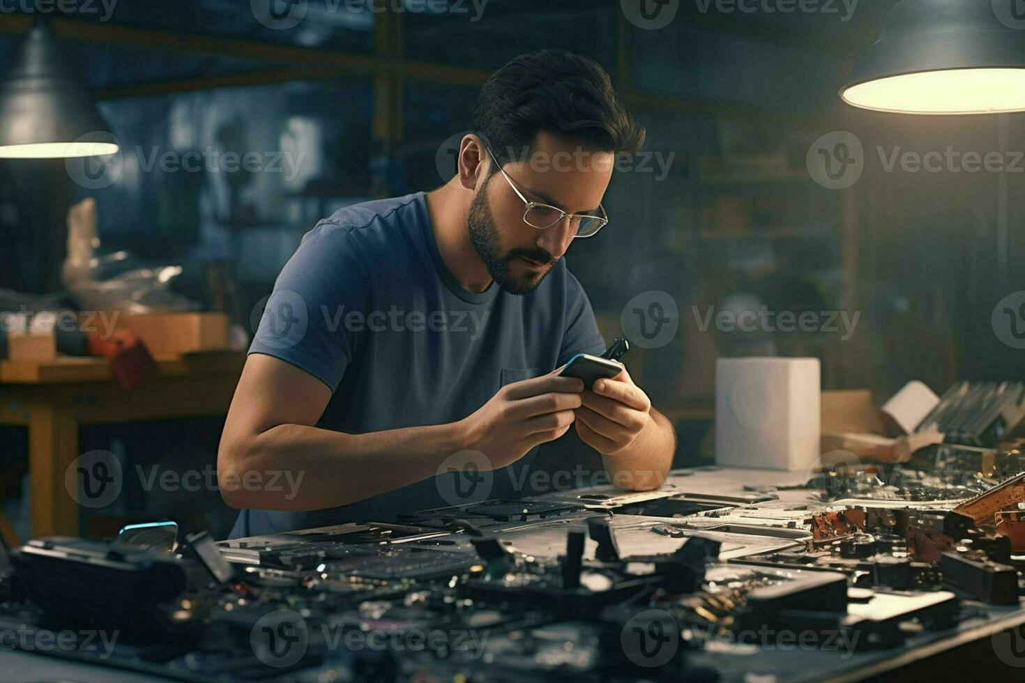 tecnico Lavorando con mobile Telefono a notte nel il fabbrica. tecnologia concetto. ai generato professionista foto