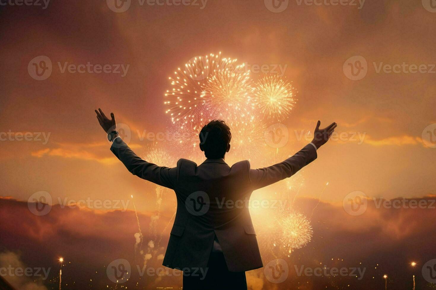 uomo d'affari in piedi su superiore di un' montagna con fuochi d'artificio che esplode nel il sfondo. ai generato professionista foto