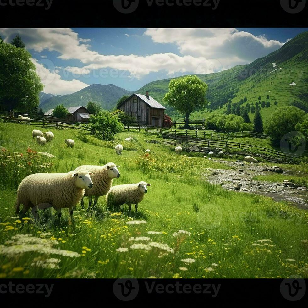 gregge di pecora pascolo nel il prato nel il villaggio. ai generato professionista foto