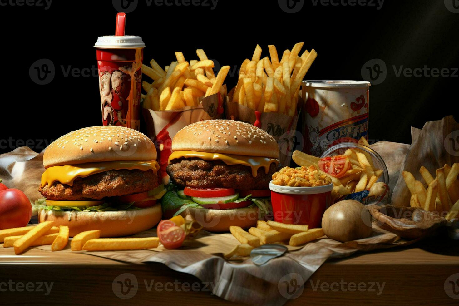veloce cibo ristorante menù. hamburger, francese patatine fritte, insalata di cavolo, pollo pepite e insalate su di legno tavolo. ai generato professionista foto