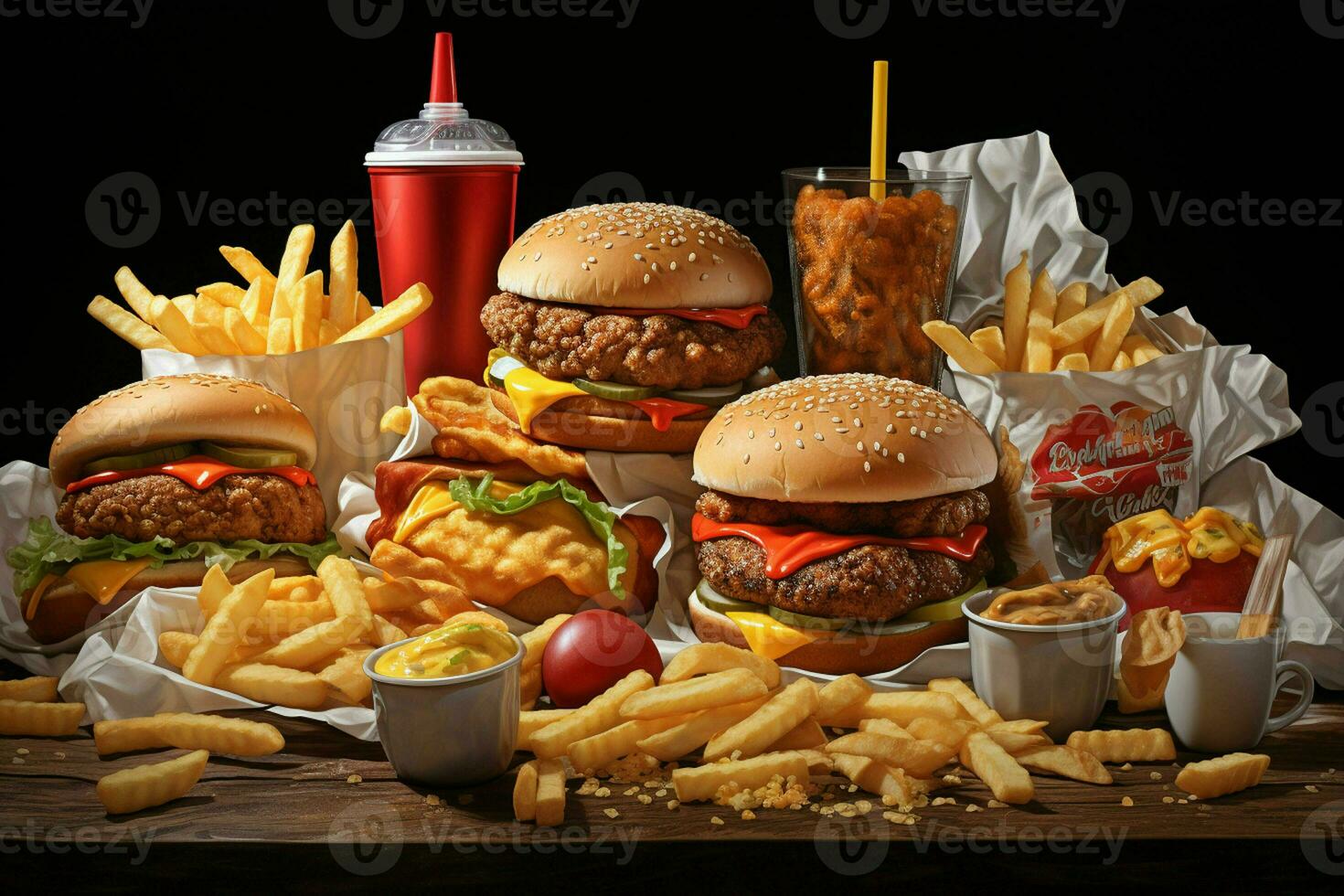 veloce cibo ristorante menù. hamburger, francese patatine fritte, insalata di cavolo, pollo pepite e insalate su di legno tavolo. ai generato professionista foto