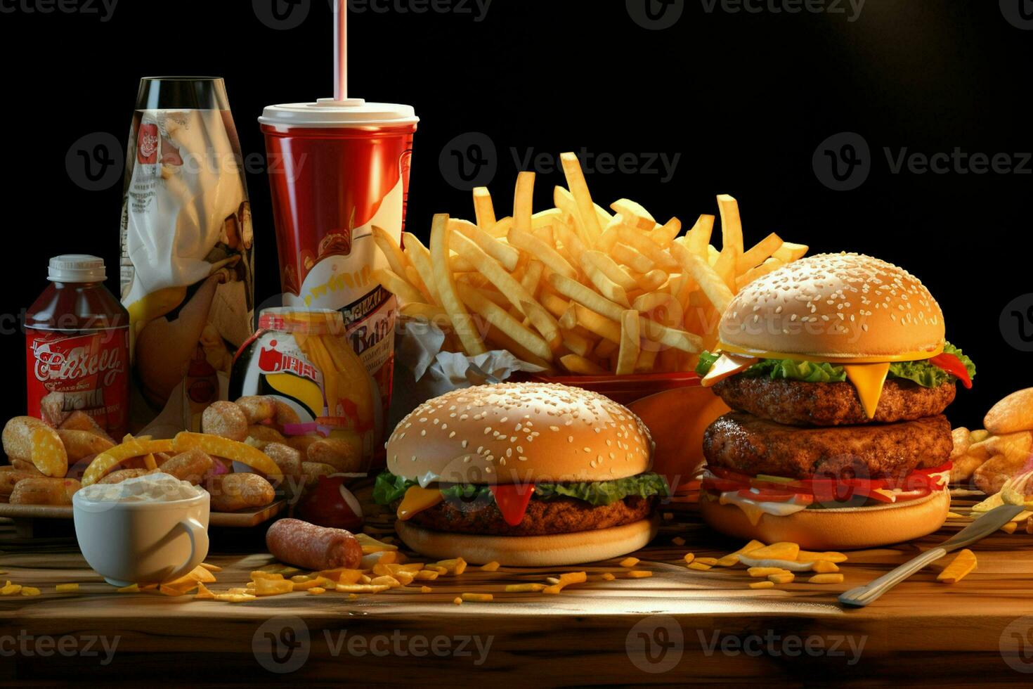 veloce cibo ristorante menù. hamburger, francese patatine fritte, insalata di cavolo, pollo pepite e insalate su di legno tavolo. ai generato professionista foto